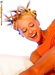 Adorable blonde strips and dildos